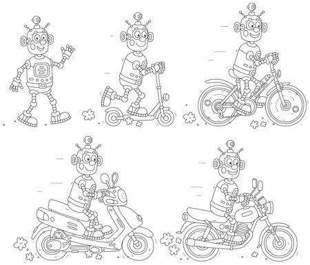 Cartoon set of a funny robot riding a bike, rushing on a scooter, walking on foot and driving a motor scooter and a motorbike, black and white outline vector illustrationsのイラスト素材