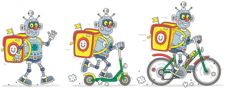 Cartoon set of a funny robot courier with a large backpack delivering ordered goods to waiting customers and riding a bike, rushing on a scooter and walking on footのイラスト素材