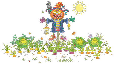 Funny scarecrow and a crow perched on it among green vegetables in a summer kitchen garden on a warm sunny day, vector cartoon illustration isolated on a white backgroundのイラスト素材