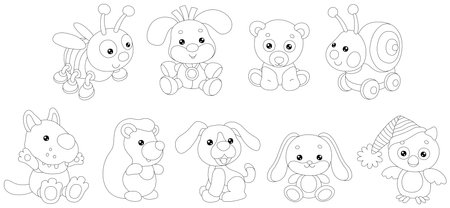 Toy baby animal characters Kawaii with a cute little bee, puppies, bear, snail, wolf, hedgehog, bunny and owl, set of black and white outline vector cartoon illustrations to coloriのイラスト素材