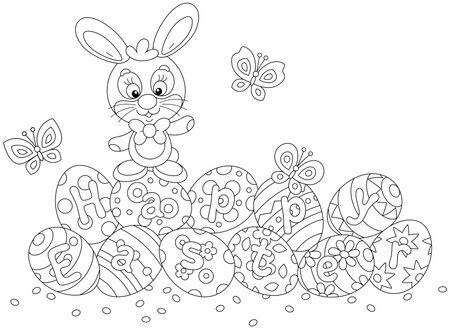 Greeting card with a happy Easter bunny and painted gift eggs with merrily flying butterflies, black and white outline vector cartoon illustration for a coloring bookのイラスト素材