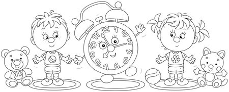 Cartoony alarm clock and happy little children with funny toys doing morning exercises on carpets, black and white outlined vector illustrations for a coloring bookのイラスト素材