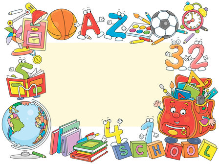 Colorful frame border for your text or photo with a funny cartoony schoolbag, a globe, textbooks, balls and other objects from primary school, vector illustration on whiteのイラスト素材
