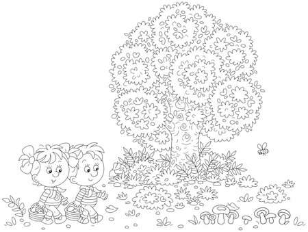 Funny little girl and boy mushroomers walking with baskets and gathering edible mushrooms on a pretty forest glade on a summer vacation, black and white vector cartoon illustrationのイラスト素材