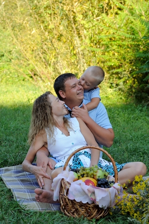 Happy baby kisses dad and hugs him by the neck. Dad sits and hugs mom in the Park on the grass on a Sunny summer day. Family picnic in nature. Portrait. Vertical view.の写真素材