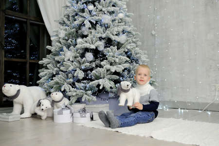 A happy little boy with a polar bear toy in his hands is sitting at home on the floor near a Christmas tree and gift boxes. He looks at the camera and smiles. Portrait. Happy New Year concept.の写真素材