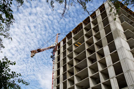 frame of a monolithic-frame house under construction and a crane against the skyの写真素材