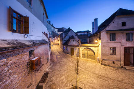 Sibiu,Romania  Old street of residential buildingsの写真素材