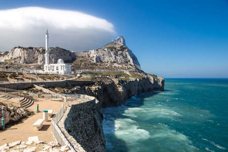 Europa Point with Ibrahim-al-Ibrahim Mosque and the profile of Gibraltar Rock.の写真素材