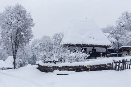 Village Museum scene during a snowy winterの写真素材