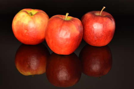 Three red sweet juicy apples, in focus - dipped, close-up, on a black background.の写真素材