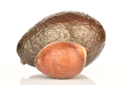 One whole, dark green, ripe aromatic tasty avocado, next to it lies one whole brown stone from the avocado. The background is white ..の写真素材