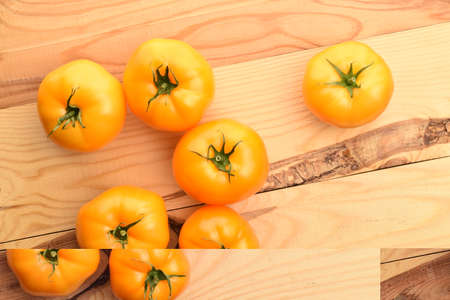 Fresh ripe, yellow tomatoes, close-up, on a wooden table.の写真素材