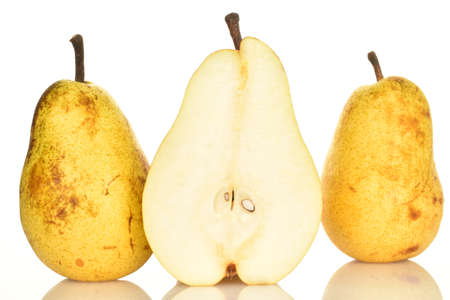 Ripe juicy, organic pears, close-up, on a white background.の写真素材