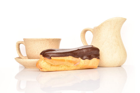 Sweet, mouth-watering chocolate eclairs, close-up, on a white background.の写真素材