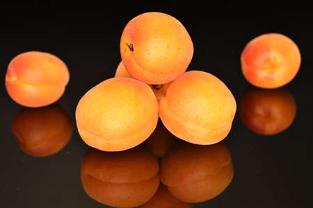 Bright yellow fresh, organic, ripe apricots, close-up, on a black background.の写真素材