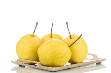 Organic bright yellow pears, close up.の写真素材