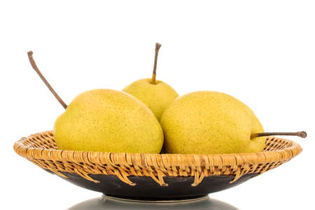 Organic bright yellow pears, close up.の写真素材