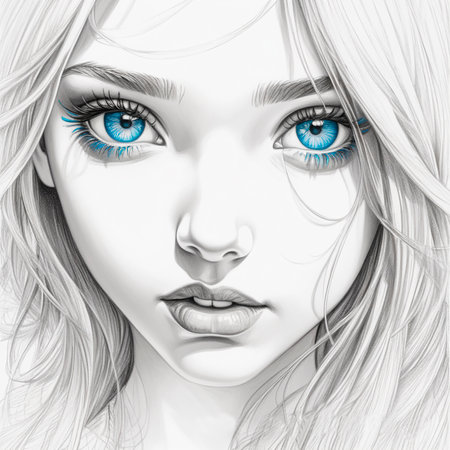 Beautiful female face with blue eyes. 3D rendering. Computer digital drawing.の素材