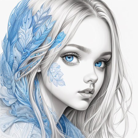 Illustration of a beautiful girl with blue hair and blue leaves.の素材