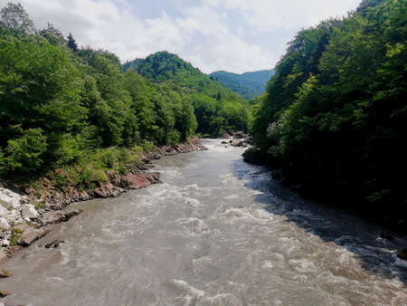 The stormy Belaya River in the mountains of Adygeaの写真素材