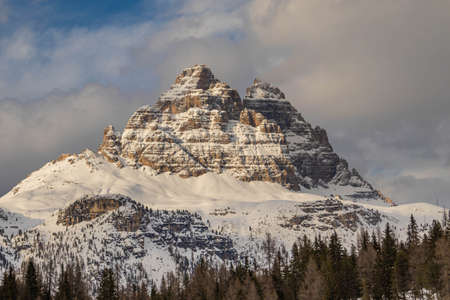 Tre Cime di Lavaredo, "Three Peaks of Lavaredo", at sunset, Dolomites, Italyの写真素材