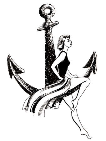 Woman sitting on anchorの写真素材