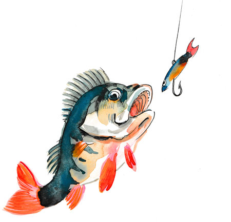 Fish and fishing hook. Watercolor painting
