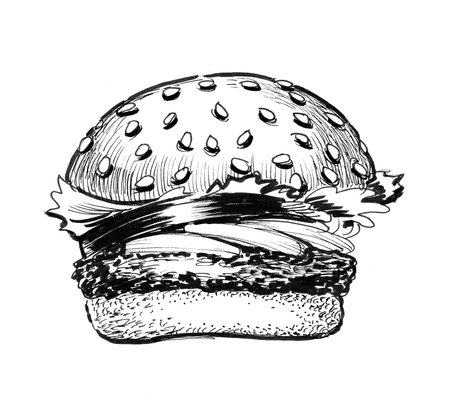 Tasty burger. Ink black and white drawingの写真素材