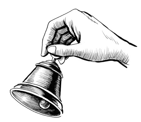 Hand with a bell. Ink black and white drawingの写真素材