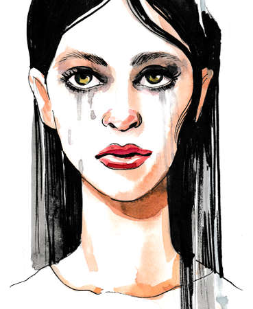 Crying woman. Ink and watercolor sketchの写真素材