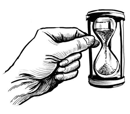 Hand with a sand clock. Ink black and white illustrationの写真素材