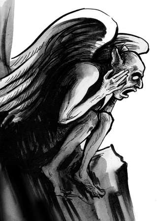 Scary demon. Ink black and white illustrationの写真素材