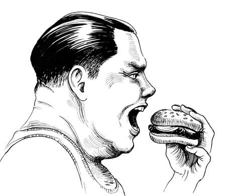 Fat man eating hamburger. Ink black and white illustrationの写真素材
