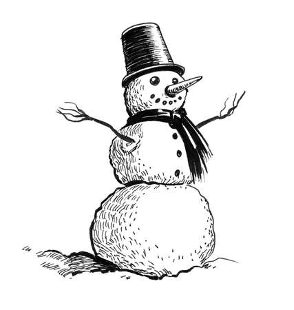 Happy snowman. Ink black and white illustrationの写真素材