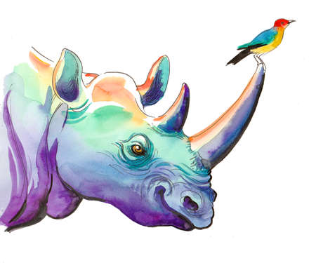 Watercolor rhinoceros with a small colorful bird sitting on its hornの写真素材