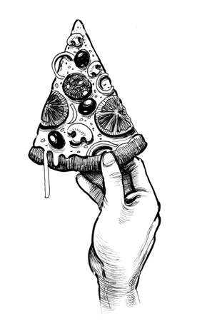 Hand holding a slice of pizza. Ink black and white illustrationの写真素材
