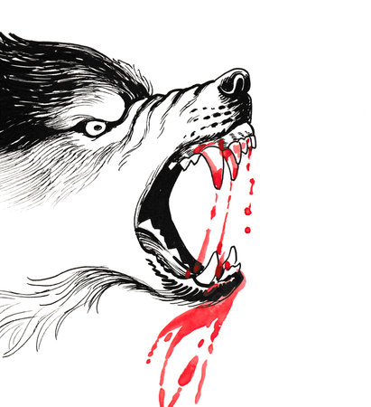 Bloody angry wolf. Ink and watercolor illustration