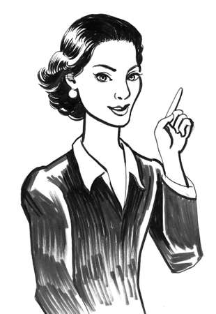 Woman pointing up. Ink black and white illustrationの写真素材