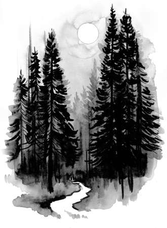 Path in the deep forest. Ink and watercolor illustrationの写真素材