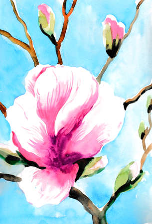 Blossoming tree. Watercolor illustrationの写真素材