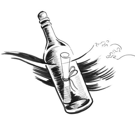 Message in the bottle. Ink black and white drawingの写真素材