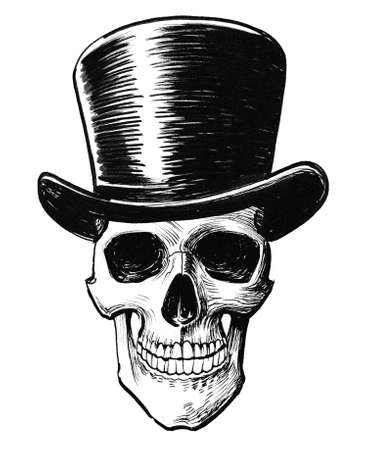 Human skull in tall hat. ink black and white drawingの写真素材