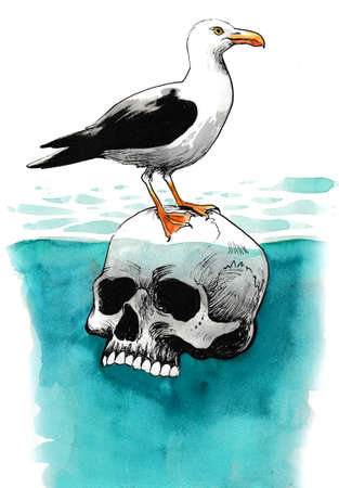 Seagull sitting on a floating human skullの写真素材