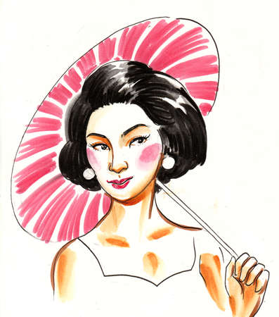 Beautiful Chinese woman with an umbrella on whiteの写真素材