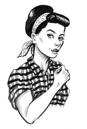 Strong woman flexing biceps. Ink black and white drawingの写真素材