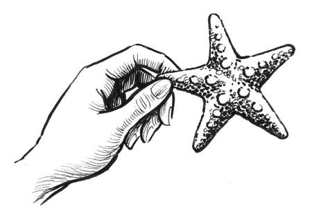 Hand with a seastar. Ink black and white drawingの写真素材