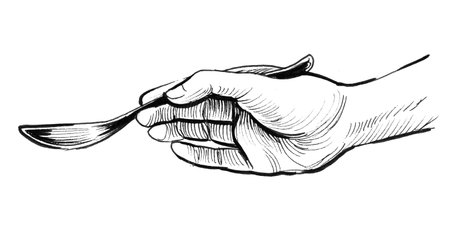 Hand with a spoon. Ink black and white drawingの写真素材