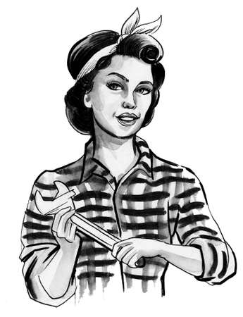 Pretty female worker. Ink black and white drawingの写真素材