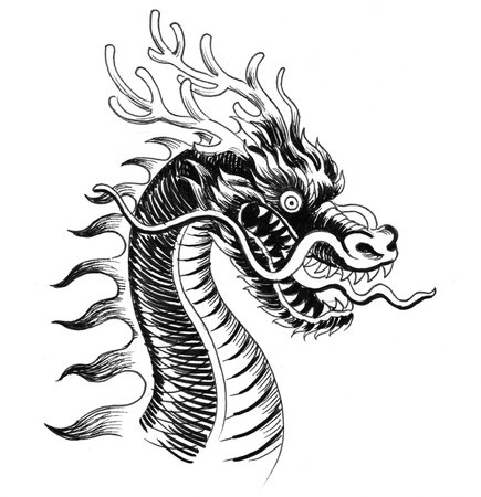 Chinese dragon. Ink black and white drawingの写真素材